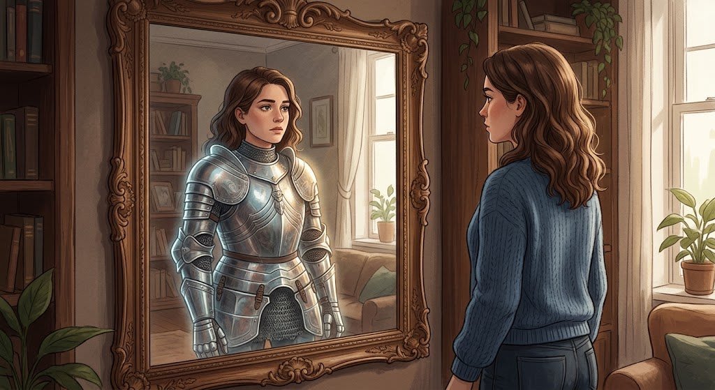 An illustration representing the armor of identity and psychological defense mechanisms shielding the authentic self.